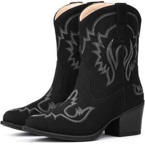 ⚡Women Black Faux Leather Ankle Cowgirl Pull-On Pointed Toe Short Western Boots
